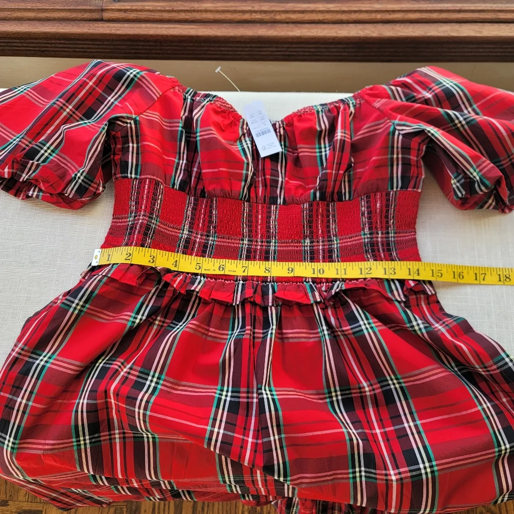 New! J.Crew sz Medium M Red Tartan Plaid Smocked Midi Dress NWT